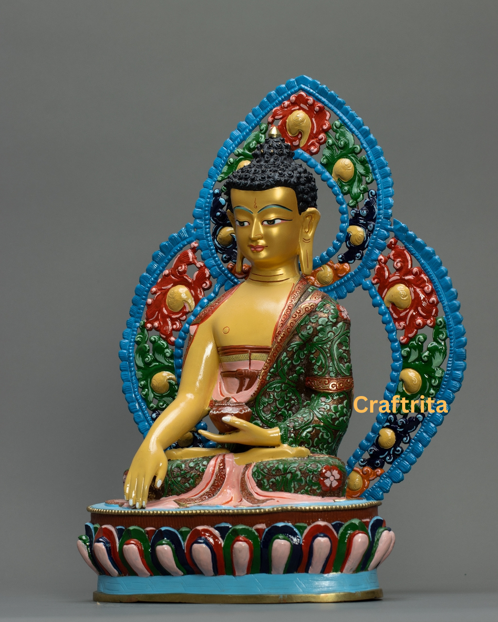 Yellow Shakyamuni Buddha Statue with Throne – Crafted in Nepal – Copper with Gold Gilding & Acrylic Paint – Spiritual Decor & Meditation Altar