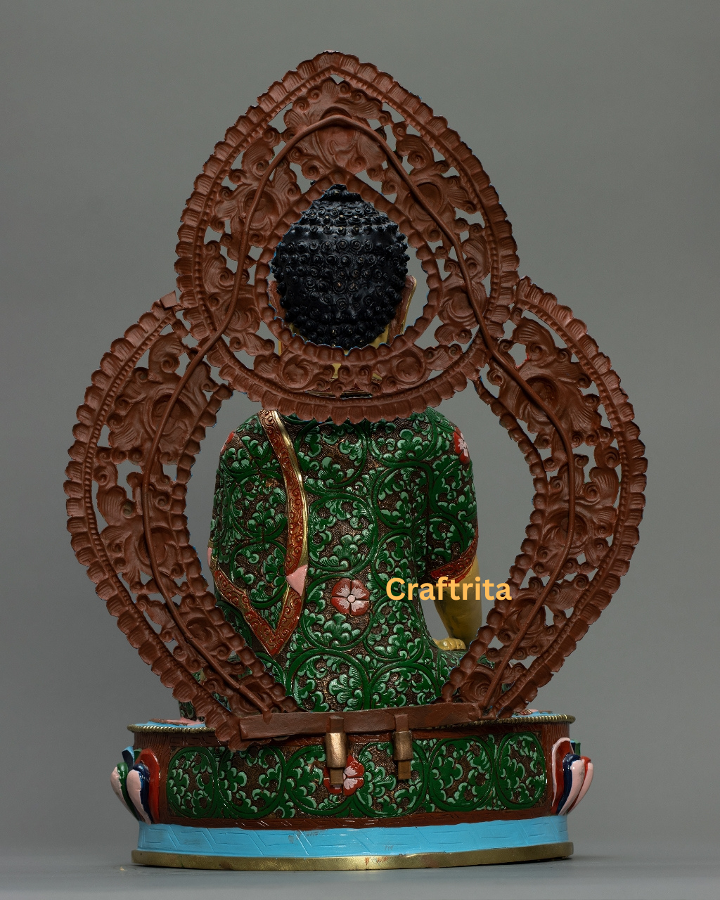 Yellow Shakyamuni Buddha Statue with Throne – Crafted in Nepal – Copper with Gold Gilding & Acrylic Paint – Spiritual Decor & Meditation Altar