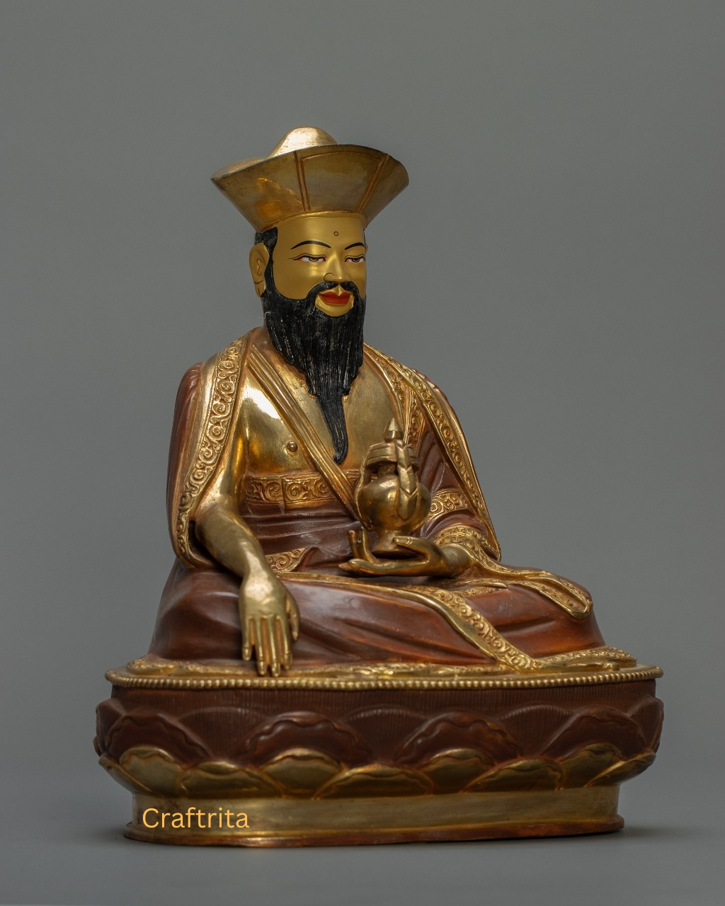 Zhabdrung Rinpoche Statue 3.8 kg – Copper Body with 24K Gold Plated Fire Gilding & Acrylic Painting | Handmade Tibetan Buddhist Deity for Spiritual Home Decor