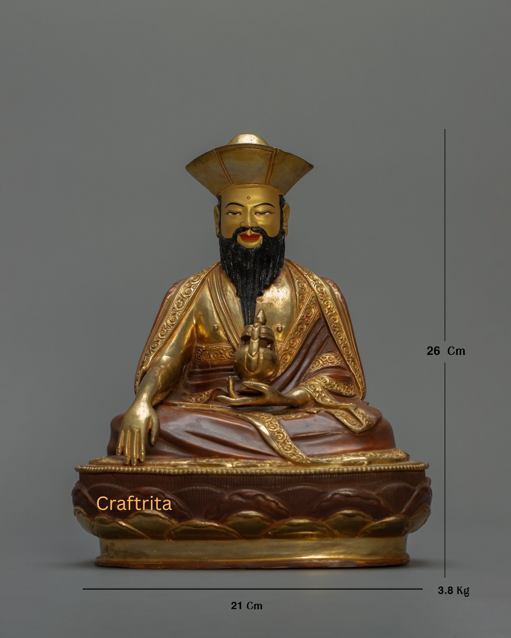 Zhabdrung Rinpoche Statue 3.8 kg – Copper Body with 24K Gold Plated Fire Gilding & Acrylic Painting | Handmade Tibetan Buddhist Deity for Spiritual Home Decor