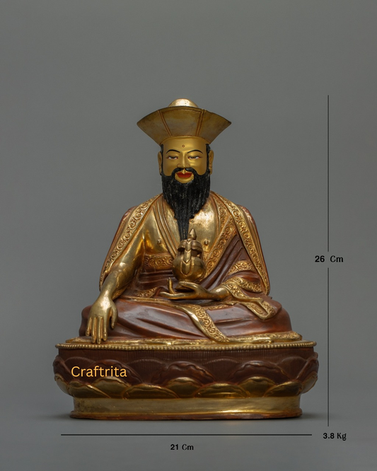 Zhabdrung Rinpoche Statue 3.8 kg – Copper Body with 24K Gold Plated Fire Gilding & Acrylic Painting | Handmade Tibetan Buddhist Deity for Spiritual Home Decor