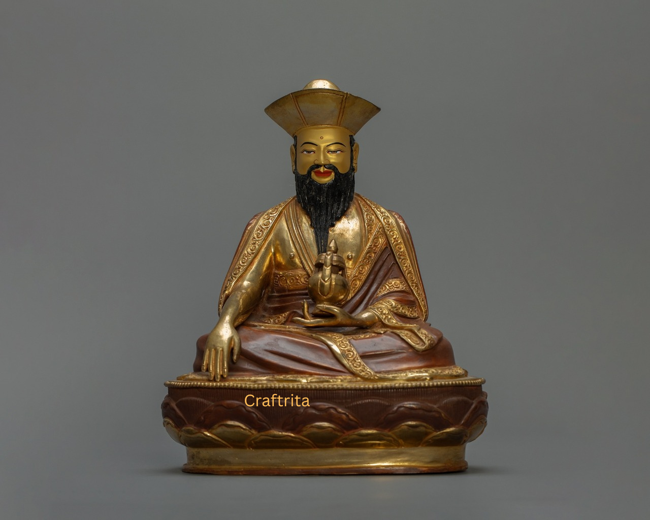 Zhabdrung Rinpoche Statue 3.8 kg – Copper Body with 24K Gold Plated Fire Gilding & Acrylic Painting | Handmade Tibetan Buddhist Deity for Spiritual Home Decor