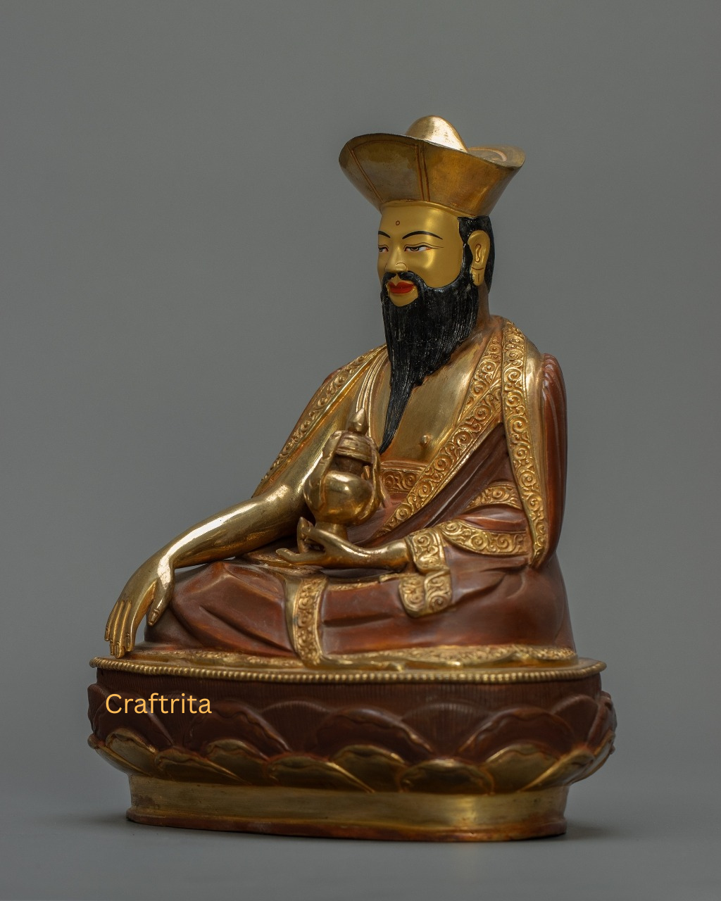 Zhabdrung Rinpoche Statue 3.8 kg – Copper Body with 24K Gold Plated Fire Gilding & Acrylic Painting | Handmade Tibetan Buddhist Deity for Spiritual Home Decor