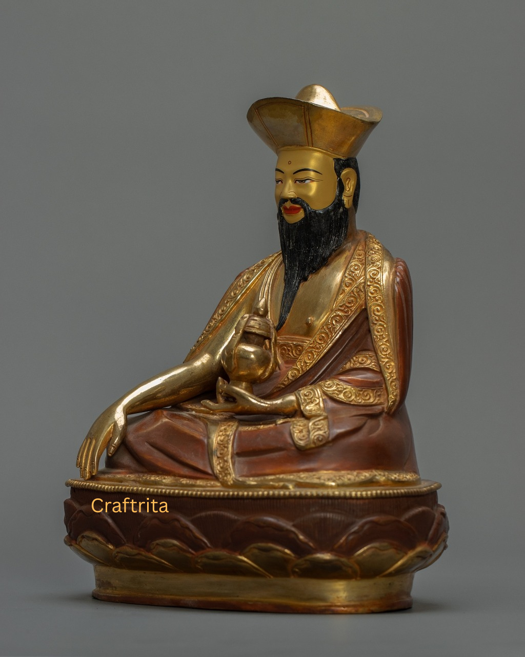 Zhabdrung Rinpoche Statue 3.8 kg – Copper Body with 24K Gold Plated Fire Gilding & Acrylic Painting | Handmade Tibetan Buddhist Deity for Spiritual Home Decor