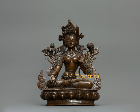 Green Tara Statue  – Hand-Carved Oxidized Metal Tibetan Buddhist Deity for Home Decor
