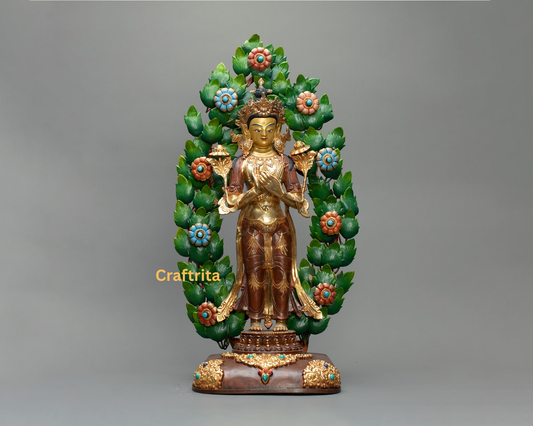 Maitreya Buddha Statue – Crafted in Nepal – 5.3kg Copper Body with Gold Gilding & Acrylic Paint – Spiritual Decor & Meditation Altar