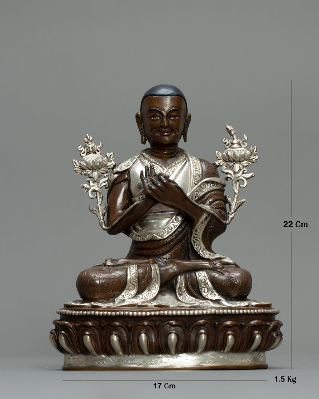 Je Tsongkhapa Statue  – Handmade Nepali Oxidized Copper with Silver Finish | Tibetan Buddhist Decor
