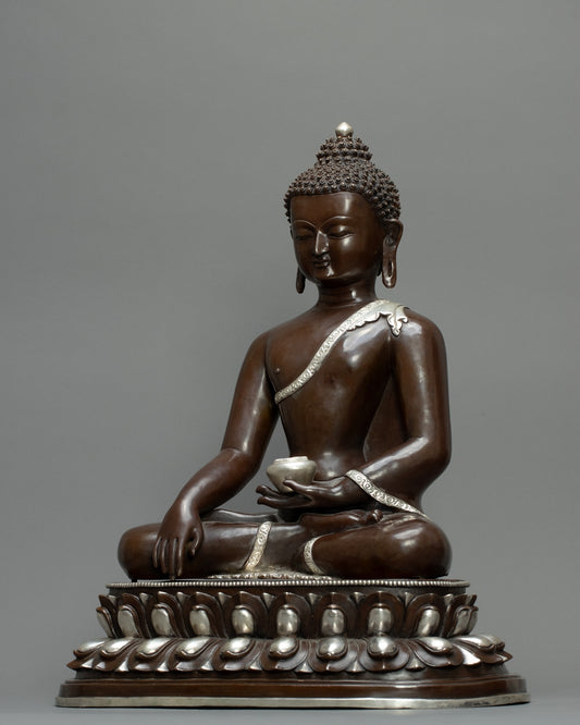 Shakyamuni Buddha Statue 11kg – Silver-Plated Handmade Sculpture | Oxidized Copper Body | Unique Tibetan Buddhist Art for Meditation & Home Decor