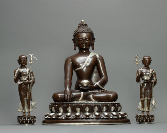 Shakyamuni Buddha with Disciples – Handmade Tibetan Buddhist Statue for Meditation & Spiritual Home Decor