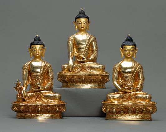 Buddha Statue Set – Amitabha, Medicine & Shakyamuni 1 kg  | Handmade in Nepal | Copper with 24K Gold Plating & Fire Gold Gilding | Spiritual Buddhist Art & Home Décor