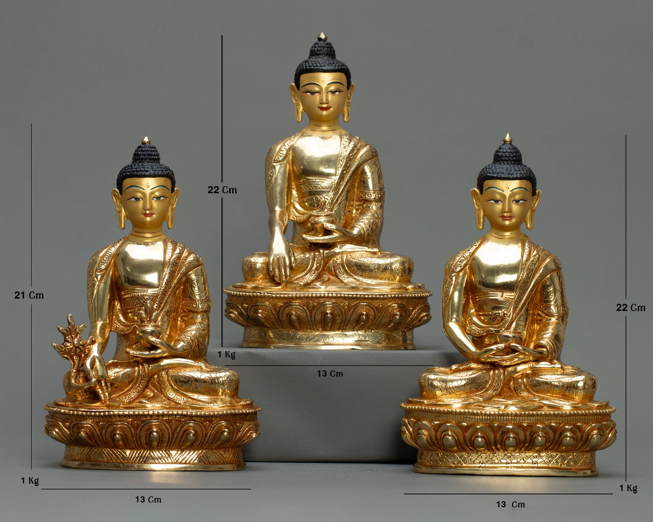 Buddha Statue Set – Amitabha, Medicine & Shakyamuni 1 kg  | Handmade in Nepal | Copper with 24K Gold Plating & Fire Gold Gilding | Spiritual Buddhist Art & Home Décor