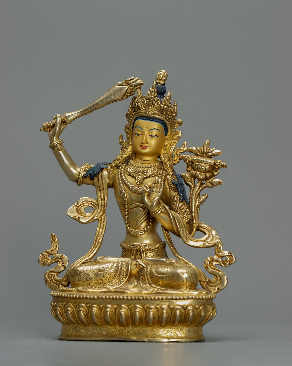 Manjushree Bodhisattva Statue 1.5 kg – Handmade in Nepal | Copper Body with 24K Gold Plating | Tibetan Buddhist Art & Spiritual Home Decor