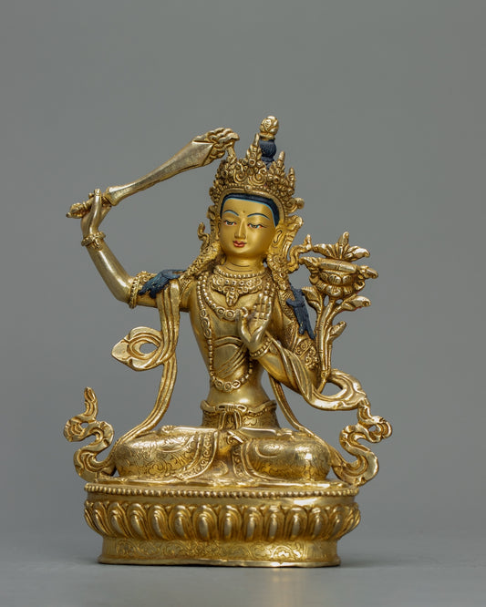 Manjushree Bodhisattva Statue 1.5 kg – Handmade in Nepal | Copper Body with 24K Gold Plating | Tibetan Buddhist Art & Spiritual Home Decor
