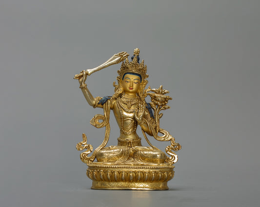 Manjushri Statue of Wisdom  – Handmade Copper Sculpture with 24K Fire-Gilded Gold | Tibetan Sacred Art