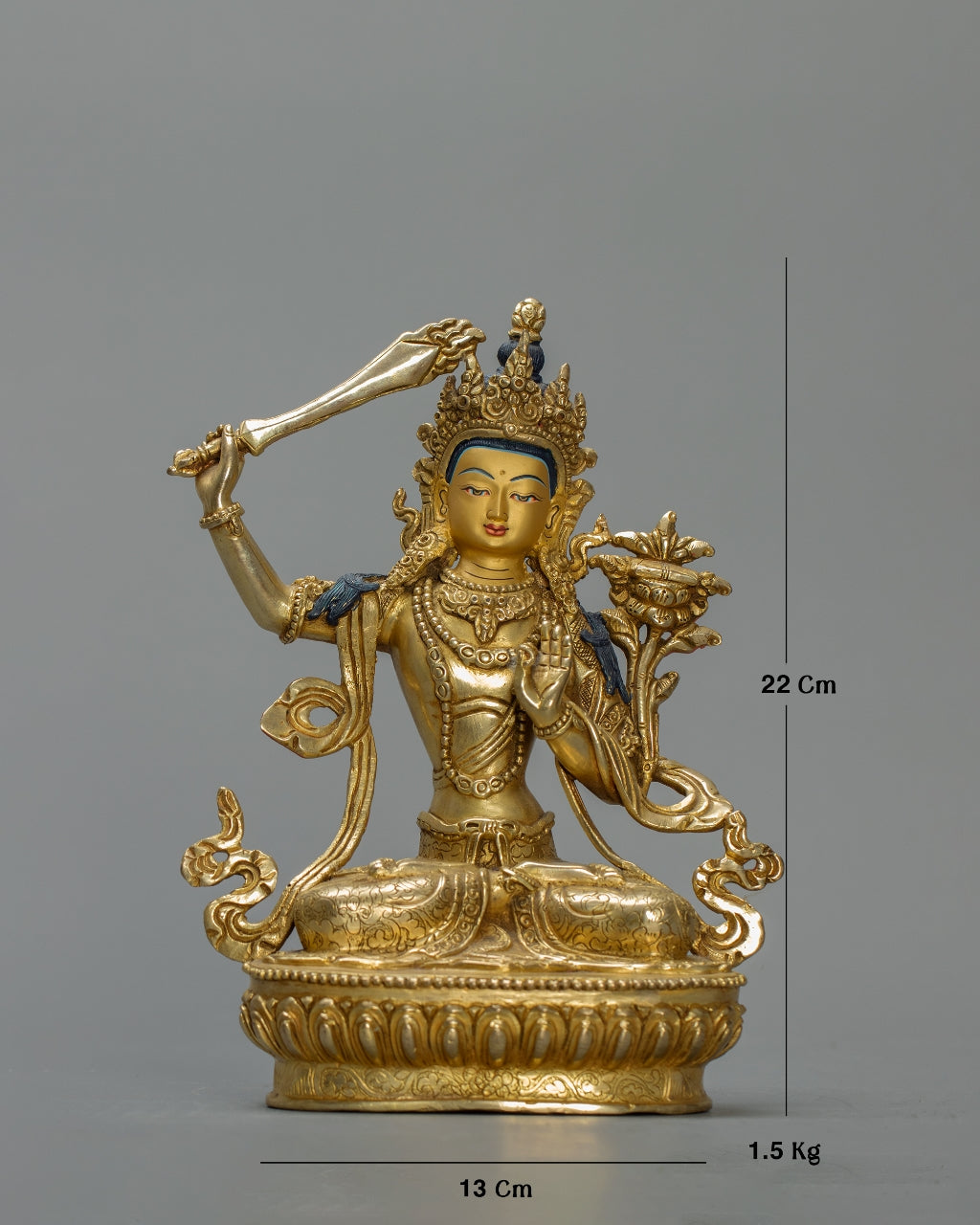 Manjushri Statue of Wisdom  – Handmade Copper Sculpture with 24K Fire-Gilded Gold | Tibetan Sacred Art