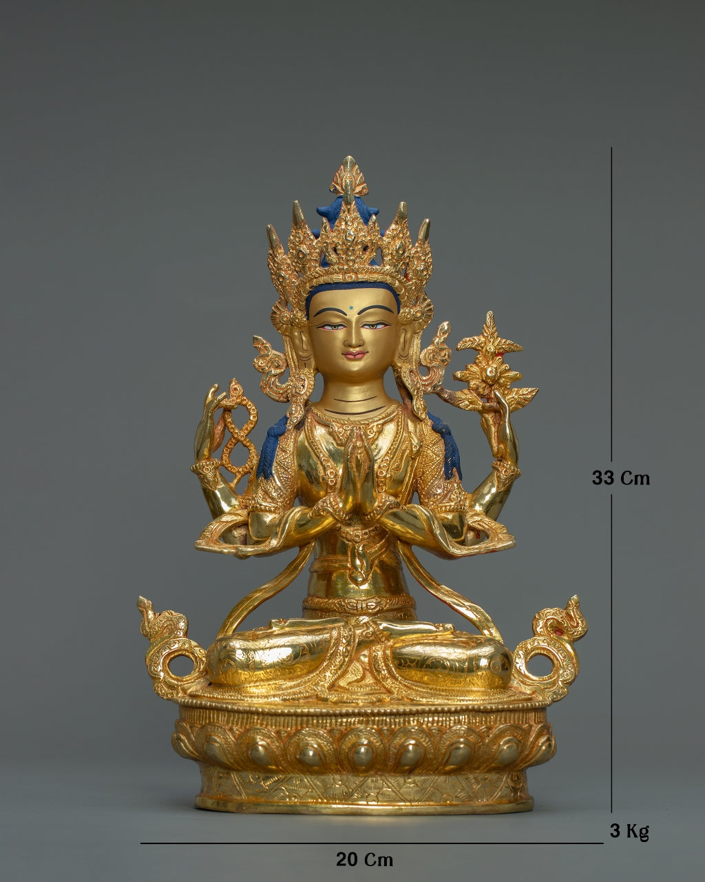 Chenrezig (Avalokiteshvara) Statue  – Handmade in Nepal | 24K Gold-Plated Copper | Tibetan Deity of Compassion & Peace
