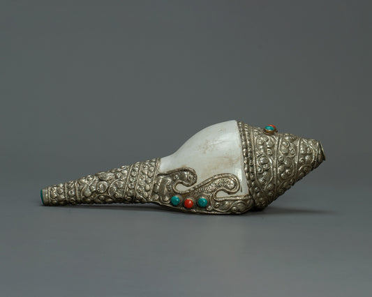 Silver Crafted Shankha – Handmade Hindu Dharma Conch Shell | Spiritual Puja Item for Temple, Meditation & Home Decor