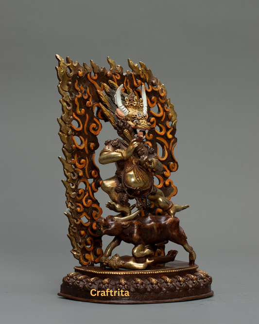 Yamantaka Statue – 2kg Copper Buddhist Deity Sculpture | Nepali Handicraft with Oxidized Finish & Half 24K Gold Fire-Gilding